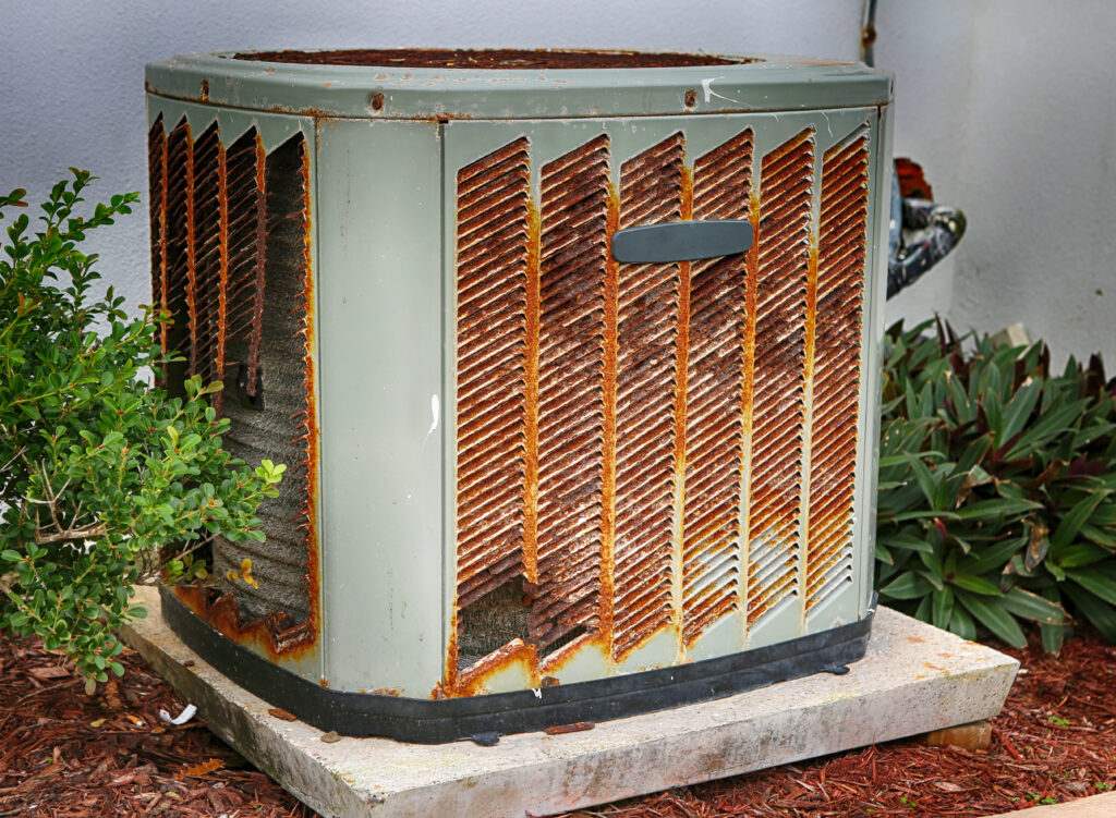 A picture of an old rusty worn out air conditioning unit that has not been given proper maintenance