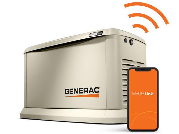 A generac generator with a mobile phone on then Mobile Link app homepage