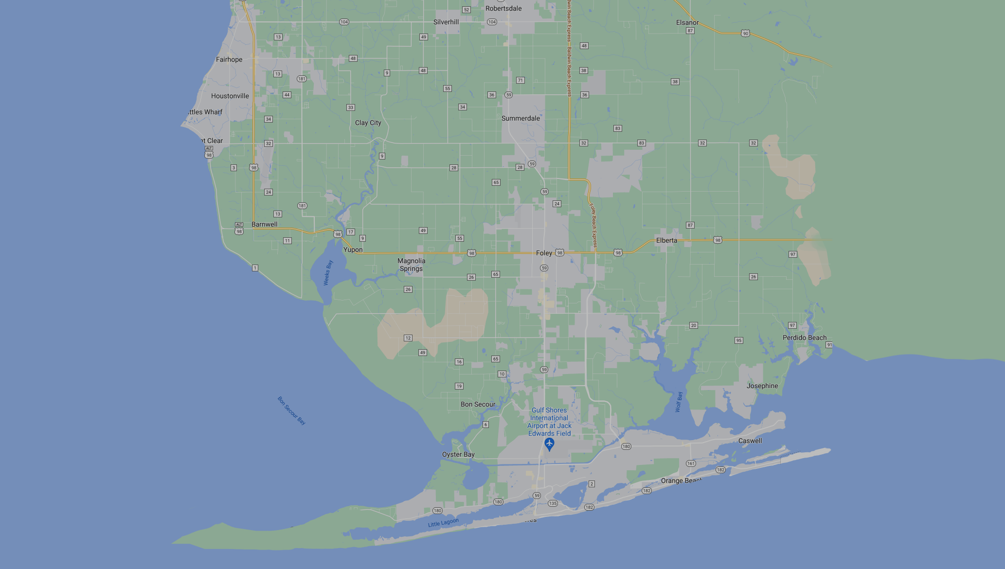 A map snippet of Gulf Shores, Alabama and surrounding areas